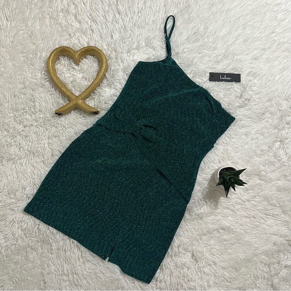 NWT LULUS Rise and Shine Teal Metallic One-Shoulder Twist-Front Mini Dress - Picture 2 of 9